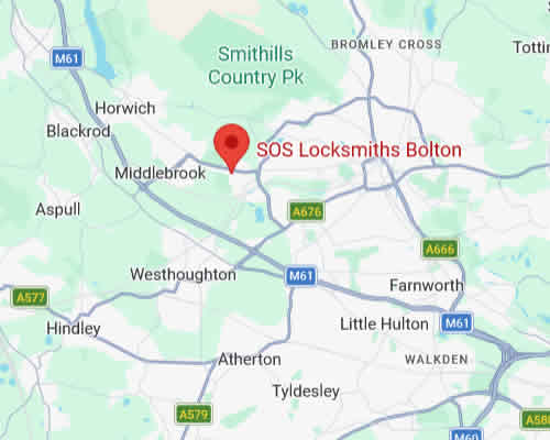 Map showing the SOS Locksmiths base in Lostock and surrounding towns including Horwich, Blackrod, Westhoughton, Atherton and Farnworth
